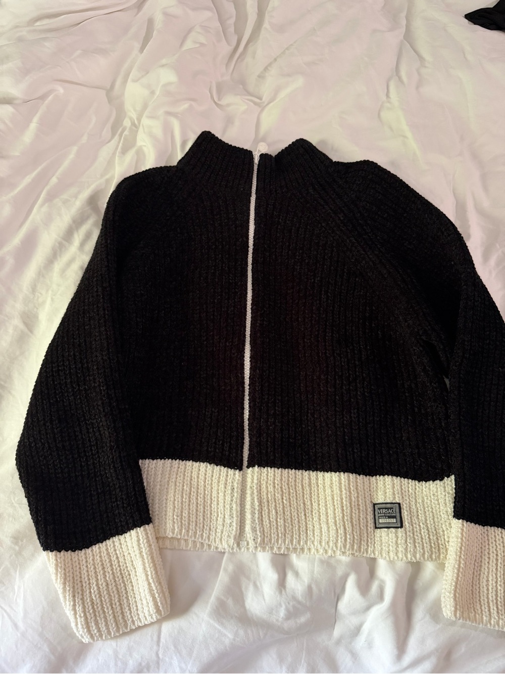 Versace Jeans Collection Black and Cream Zip-Up Crew Sweater